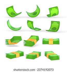 3D set of green dollar in cartoon style. Business and finance object for banner design. Vector illustration.