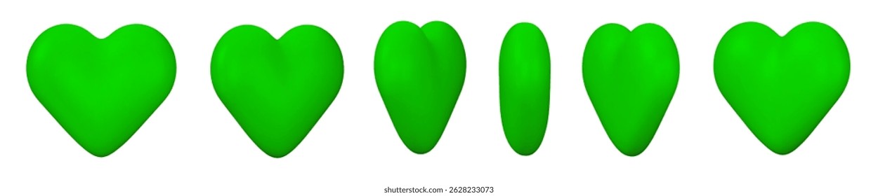 3d set of green heart with different angles. Romantic emoji, love symbol or icon, Valentines day, animation sprite sheet. Stock vector illustration on isolated background.