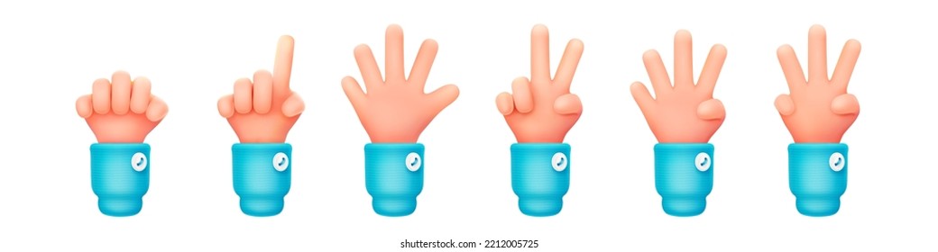 3D Set Of Hand Showing One To Five Fingers, Clenching Fist Isolated On White Background. Vector Illustration Of Human Palm With Blue Shirt Sleeve Counting Business Steps, Making Power Or Support Sign