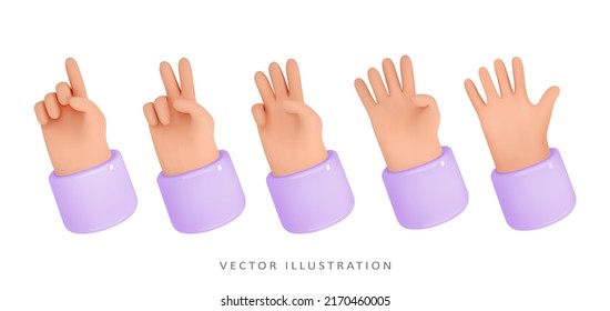 3d Set Of Hands Pointing Fingers Gestures. Hand Up. Index Finger Up,victory Icon,palm.Render Realistic Vector Icon Cartoon Style.