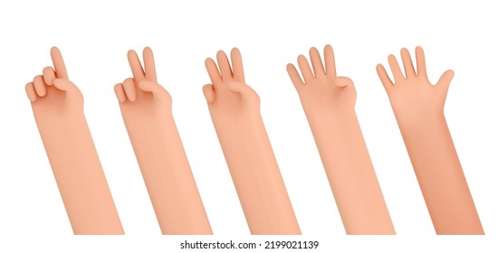 3d set of hands pointing fingers gestures. Hand up. Index finger up,victory icon,palm.Render realistic vector icon cartoon style.