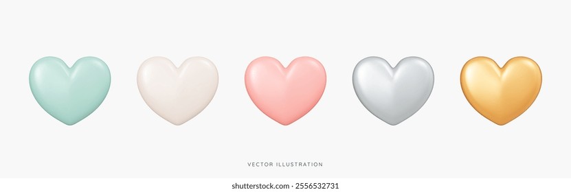 3D Set of Hearts in different colors. Valentine's Day design elements. Cartoon realistic shapes. Romantic emoji. Social media like. Objects for greeting cards. 3D Vector Illustration