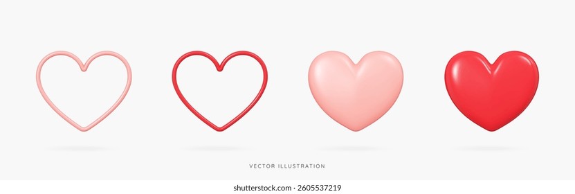 3D Set of Hearts in pink and red icon. Valentine's Day design elements. Cartoon realistic shapes. Romantic emoji. Social media like. Frame objects for greeting cards. 3D Vector Illustration