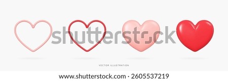 3D Set of Hearts in pink and red icon. Valentine's Day design elements. Cartoon realistic shapes. Romantic emoji. Social media like. Frame objects for greeting cards. 3D Vector Illustration