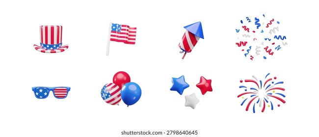 A 3D set of holiday paraphernalia for US Independence Day: glasses, hat, fireworks, rocket, flag, and balloon. Patriotic symbols. For banners, promotions, decorations, and cards. Vector. Icon.
