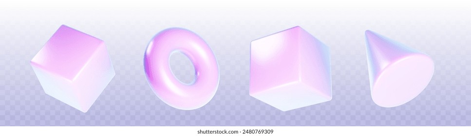 3D set of holographic geometric objects isolated on transparent background. Vector realistic illustration of abstract iridescent cube, torus, cone design elements with rainbow color gradient surface