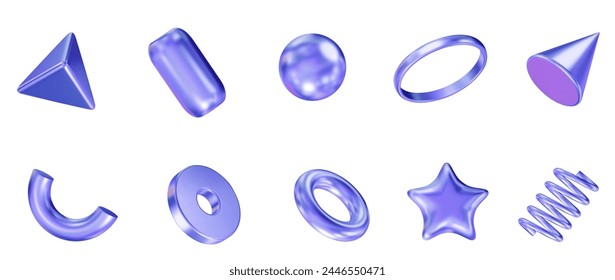 Forma geométrica holográfica 3d: cuadrado, cilindro, esfera, pirámide, toro, estrella, cono, icosfera. Figuras simples de metal con rejilla para su diseño sobre fondo aislado. Ilustración vectorial de acciones