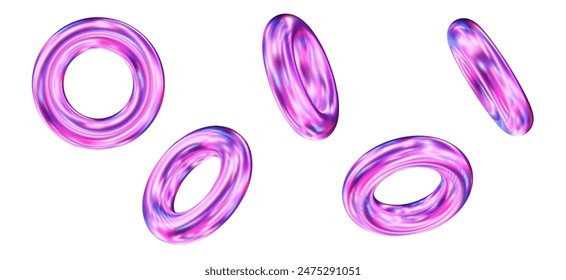 3d set of holographic geometric shape torus. Metal simple figure for your design. Stock vector illustration on isolated background.		
