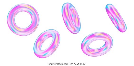 3d set of holographic geometric shape torus. Metal simple figure for your design. Stock vector illustration on isolated background.		
