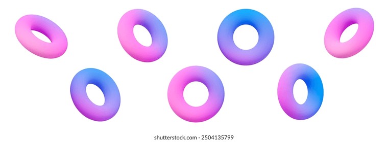 3d set of holographic geometric shape torus. Metal simple figure for your design. Stock vector illustration on isolated background.	
