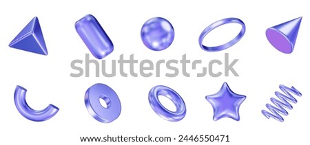 3d set holographic geometric shape: square, cylinder, sphere, pyramid, torus, star, cone, icosphere. Metal simple figures with grid for your design on isolated background. Stock vector illustration