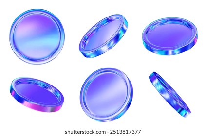 3D set holographic or neon coins with different angles.  Symbol of gold and wealth. Stock vector illustration on isolated background.