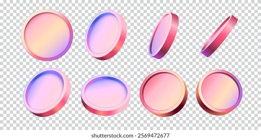 3D set holographic or neon coins with different angles. Symbol wealth. Stock vector illustration on isolated background