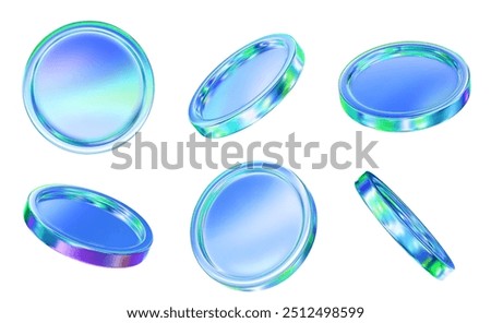 3D set holographic or neon coins with different angles.  Symbol of gold and wealth. Stock vector illustration on isolated background.