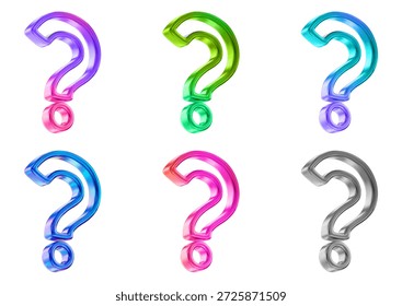 Conjunto 3D holográfico o icono de signo de interrogación de neón. Símbolo y2k de la solución del problema de Faq. Malla degradada. Ilustración vectorial de stock sobre fondo aislado.