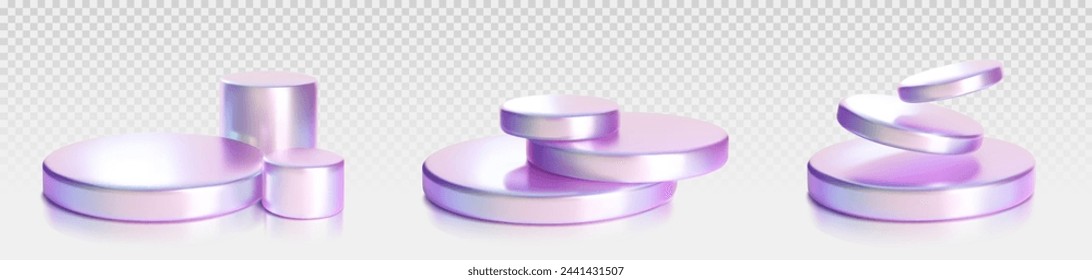 3D set of holographic round and cylinder shape objects isolated on transparent background. Vector realistic illustration of abstract geometric design elements stack with iridescent glossy surface