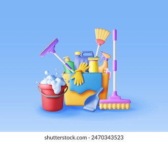 3D set of home cleaning tools isolated. Render collection of accessories for washing dishes and house cleaning. Bottle of detergent, sponge, soap gloves. Bucket, mop broom dustpan. Vector illustration