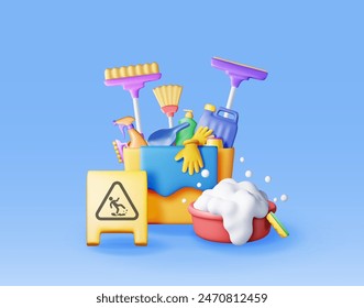 3D set of home cleaning tools isolated. Render collection of accessories for washing dishes and house cleaning. Bottle of detergent, sponge, soap gloves. Bucket, mop broom dustpan. Vector illustration