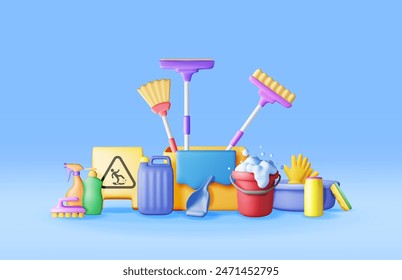 3D set of home cleaning tools isolated. Render collection of accessories for washing dishes and house cleaning. Bottle of detergent, sponge, soap gloves. Bucket, mop broom dustpan. Vector illustration