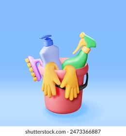 3D set of home cleaning tools isolated. Render collection of accessories for washing dishes and house cleaning. Bottle of detergent, soap, sponge gloves. Bucket, hand brush. Vector illustration