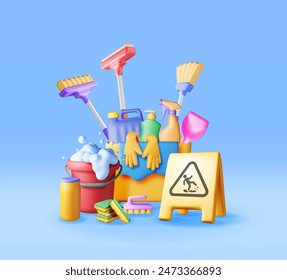 3D set of home cleaning tools isolated. Render collection of accessories for washing dishes and house cleaning. Bottle of detergent, sponge, soap gloves. Bucket, mop broom dustpan. Vector illustration