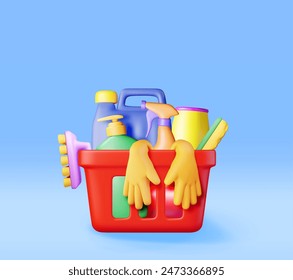 3D set of home cleaning tools isolated. Render collection of accessories for washing dishes and house cleaning. Bottle of detergent, soap gloves. Bucket, brush sponge. Vector illustration