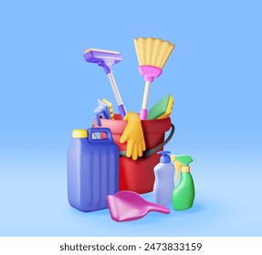 3D set of home cleaning tools isolated. Render collection of accessories for washing dishes and house cleaning. Bottle of detergent, sponge, soap gloves. Bucket, mop broom dustpan. Vector illustration