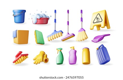 3D set of home cleaning tools isolated. Render collection of accessories for washing dishes and house cleaning. Bottle of detergent, sponge, soap gloves. Bucket, mop broom dustpan. Vector illustration