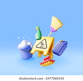 3D set of home cleaning tools. Render collection of accessories for washing dishes and house cleaning. Bottle of detergent, sponge, soap, wet floor sign. Bucket, mop broom spray. Vector illustration