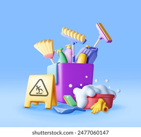 3D set of home cleaning tools isolated. Render collection of accessories for washing dishes and house cleaning. Bottle of detergent, sponge, soap gloves. Bucket, mop broom dustpan. Vector illustration