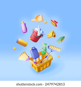 3D set of home cleaning tools isolated. Render collection of accessories for washing dishes and house cleaning. Bottle of detergent, soap gloves. Bucket, mop broom. Vector illustration