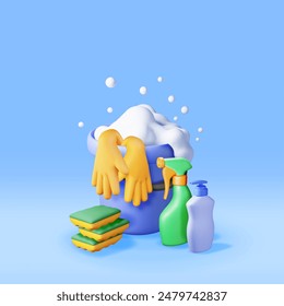 3D set of home cleaning tools isolated. Render collection of accessories for washing dishes and house cleaning. Bottle of detergent, soap, gloves. Bucket with foam and sponge. Vector illustration