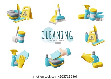 3D set of home and office cleaning tools. Render collection of cleaning accessories and housekeeping equipment. Detergent, wet floor caution sign, rags, bucket and mop. Realistic vector illustration