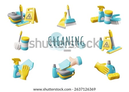 3D set of home and office cleaning tools. Render collection of cleaning accessories and housekeeping equipment. Detergent, wet floor caution sign, rags, bucket and mop. Realistic vector illustration