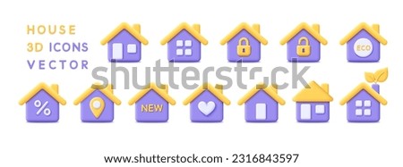 3d set house icons. Render 3d home icons for real estate, sale, eco home, new, location, favorite, locked, mortgage, loan concept and homepage. 3d rendering cartoon house icons. Vector illustration