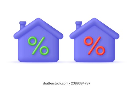 3D Set of houses and percent with arrow. Home with mortgage and paying credit to bank concept. Invest money in real estate property. House loan, rent and mortgage concept. Modern vector in 3d style.