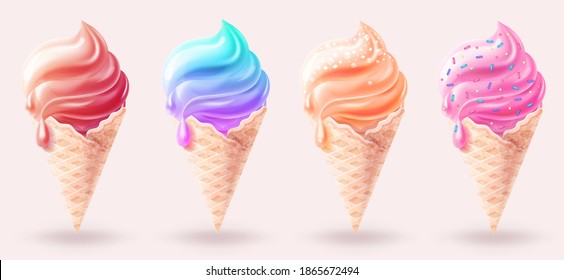 3D Set of ice cream of different tastes chocolate, fruit, salted caramel, chewing gum. Desserts on light beige background. Realistic icons of ice cream in  waffle cup.