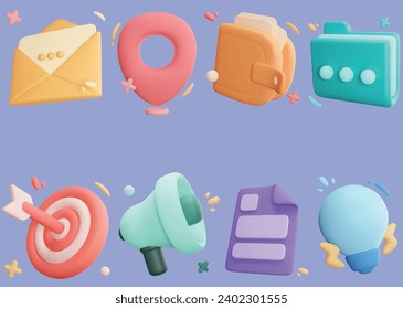 3d Set icon chat message ,clipboard task management,blub power electric,megaphone speaker,Wallet, dart hit on target,Location map pin gps,new email