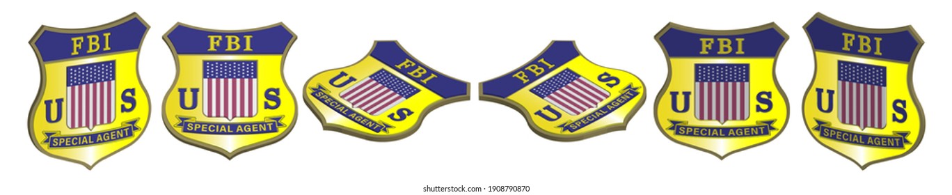 3D-Satz von Symbolen oder Emblemen in sechs Projektionen. FBI-Sonderagentenausweis. Schild mit amerikanischer Flagge und Band. Weißer, isolierter Hintergrund. EPS10