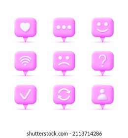 3d set icons isolated on white background. Heart, check marks, question mark, people. wifi, chat bubble, happy and sad,unhappy emoticon face. Trendy and modern vector in 3d style.