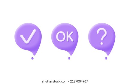 3d conjunto de iconos aislados en fondo blanco. Marcas de verificación, signo de interrogación y Aceptar. Concepto de charla, diálogo, apoyo en línea, mensajero, discusión. Icono moderno y de moda para el diseño web. Vector en 3d st