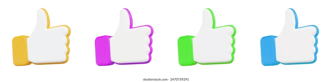 3D set of icons, "thumbs up", yellow, purple, green and blue colors. Stock vector illustration on isolated background