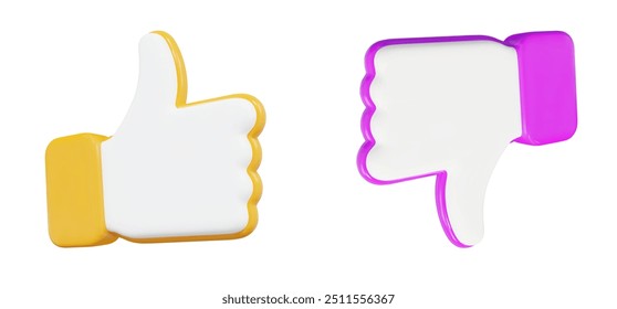 A 3D set of icons, "thumbs up", yellow and purple colors. Stock vector illustration on isolated background
