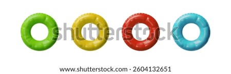 3d set inflatable colorful swimming rings. Three-dimensional summer vector illustration. Children float in pool, sea, water on the vacation. Travel life on the beach party. Plastic life saver symbol.