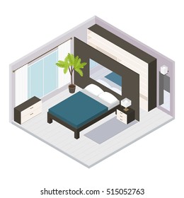 3d set Isometric bedroom interior with large double bed and room style vector illustration