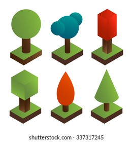 3D set of Isometric trees. Trees for compositions, a collage and design. A glade of trees for a city landscape