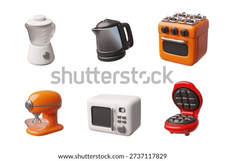 3D set of kitchen appliances: stove, kettle, mixer, blender, microwave, waffle iron. Household cooking equipment. Vector cartoon illustration. Plastic style. Isolated background.