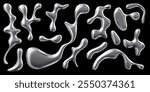 3d set of liquid drops with chrome effect of various shapes. Metal smooth objects isolated on a black background. Silver gradient. Render. Futuristic decorative elements. Vector illustration.