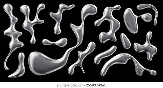 3d set of liquid drops with chrome effect of various shapes. Metal smooth objects isolated on a black background. Silver gradient. Render. Futuristic decorative elements. Vector illustration.