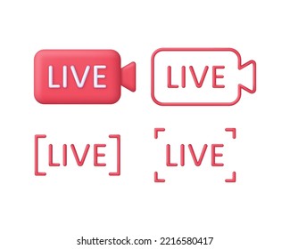 3D Set Of Live Streaming Icons. Buttons For Broadcasting, Livestream Or Online Stream. Social Media Concept. Template For Tv, Online Channel, Live Breaking News. Trendy And Modern Vector In 3d Style.